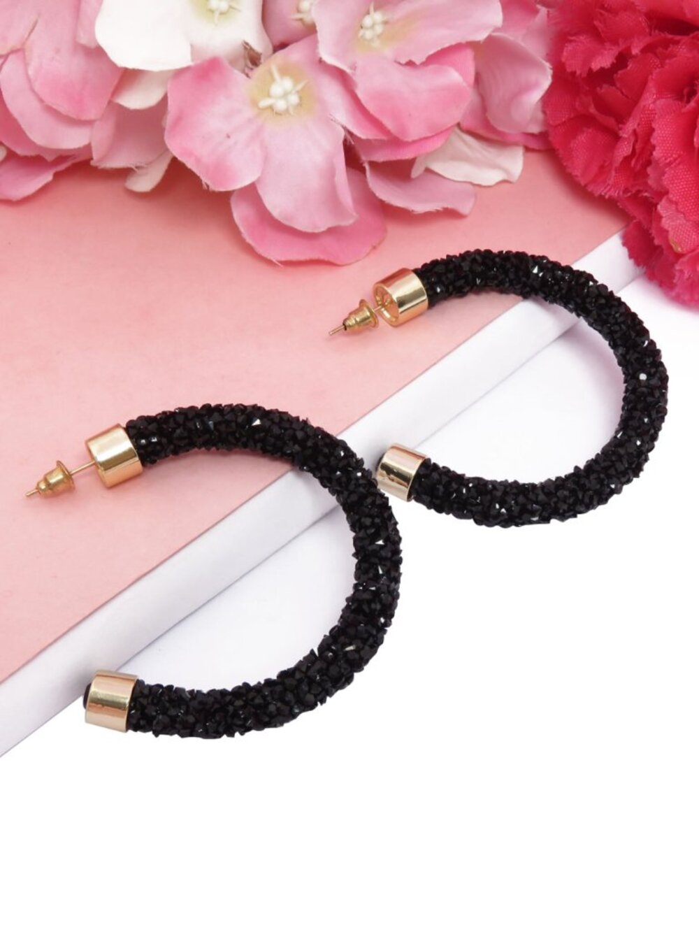 Black Crystal Hoop Earrings for Women Sparkling Beaded Round Hoop Earrings